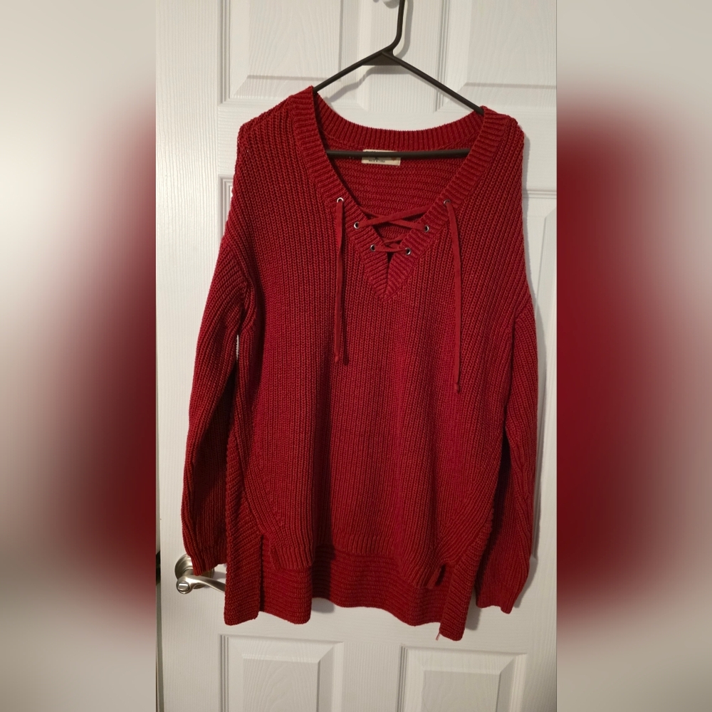 Ruff Hewn Red V-Neck Lace-Up Sweater
